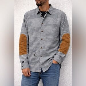 NEW Sean John Legacy Men’s Gray Camo Button-Down Shirt – Suede Elbow Patches